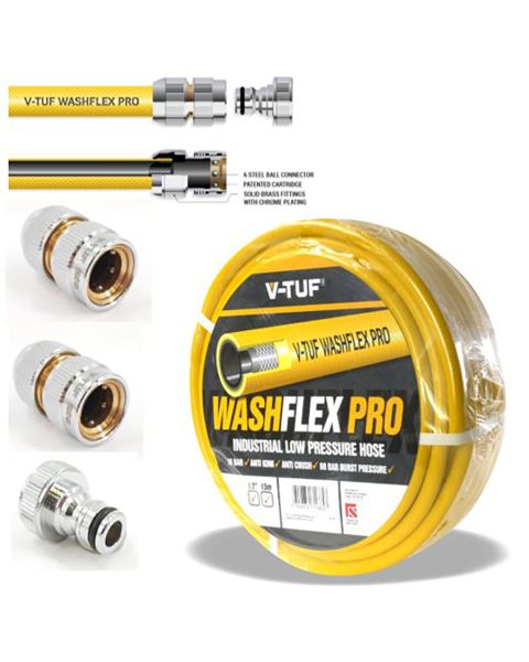 V-Tuf 15M 1/2" 10 Bar Washflex Pro Water Supply Hose & Kcq Coupling Kit 