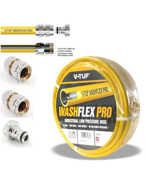V-Tuf 25M 1/2" 10 Bar Washflex Pro Water Supply Hose & Kcq Coupling Kit 